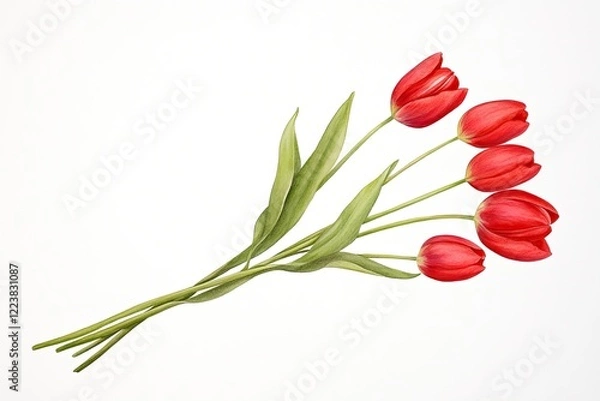 Fototapeta A vibrant bouquet of red tulips with green leaves arranged elegantly on a white background
