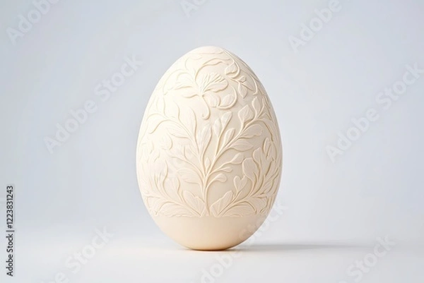 Fototapeta Elegant cream-colored egg with intricate floral carvings against a soft gray background