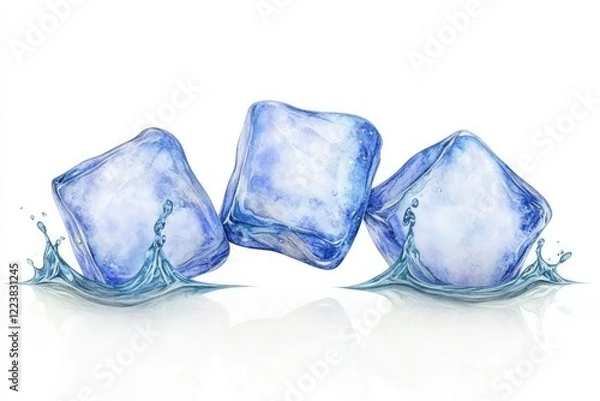 Fototapeta Three ice cubes splashing in water, showcasing their clarity and texture against a white background