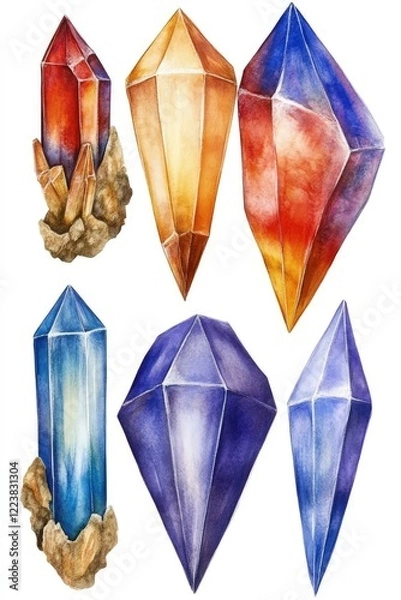Fototapeta Colorful watercolor crystals in various shapes and sizes against a clean white background