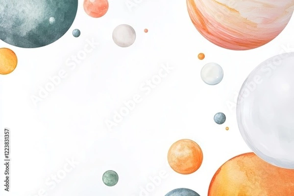 Fototapeta Colorful watercolor planets floating in a soft, abstract space background, depicting cosmic beauty