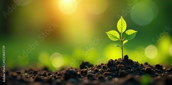 Fototapeta Sunny spot nurtures sapling growth with gentle rainfall, precipitation, verdant landscape