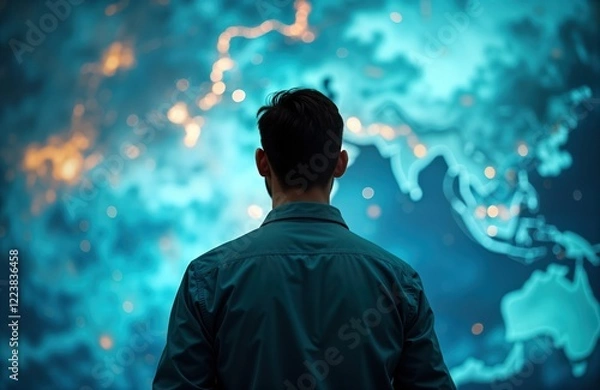 Fototapeta Man stands looking at global weather map. Meteorologist analyzes long-term climate trends. Global weather patterns displayed. Study of weather conditions, climate changes. Man in teal shirt focuses
