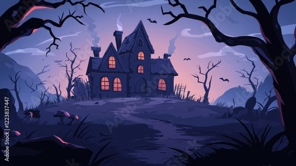 Obraz A Haunted House on a Hill with Smoke Coming from the Chimney at Dusk