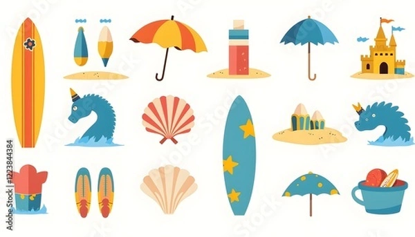 Fototapeta Summer Beach Fun Illustrations Featuring Surfboards Unicorns and Sandcastles