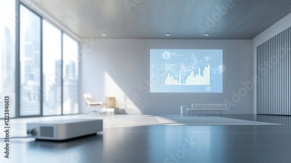 Obraz Modern Office Presentation: Data Visualization on a Large Screen Projector in a Minimalist Room