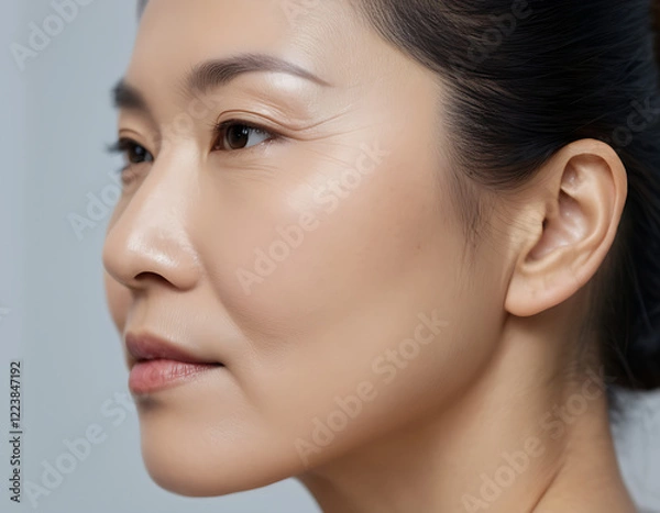 Obraz Close Up Potrait Asian Woman from Side View with Dull Skin and Wrinkles on her face sign of Aging