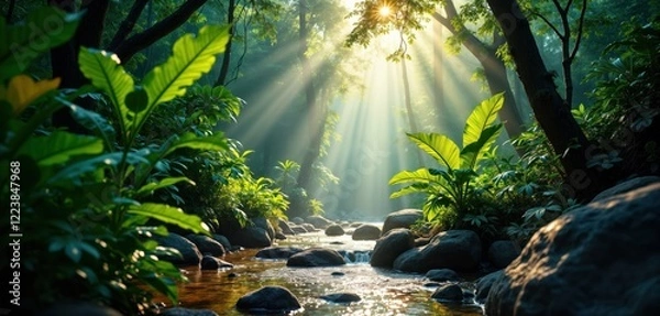 Obraz Sunlight streams through rich tropical forest. Small river flows between large rocks. Rich green vegetation, trees. Peaceful jungle scene. Exotic plants, foliage. Natural beauty. Tropical climate.