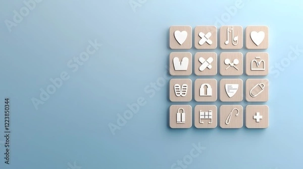 Fototapeta Minimalist and Clean Health Insurance Advertisement Design Featuring Wooden Blocks with Neatly Arranged Medical and Healthcare Icons on a Soft Pastel Colored Background