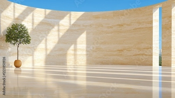 Fototapeta Sunlit Circular Room, Modern Design, Tranquil Interior, Plant, Architectural Visualization, for Interior Design