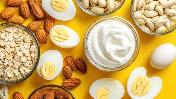 Fototapeta Healthy Breakfast Food Choices: Eggs, Nuts, Yogurt, and Oats