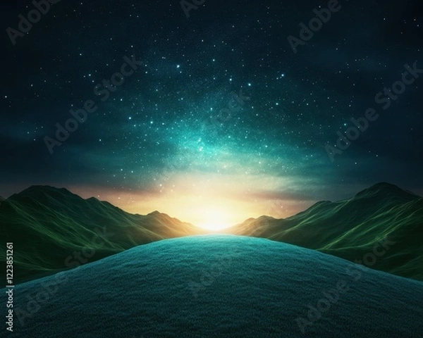 Obraz Breathtaking landscape with rolling hills under a starry sky at dawn, capturing the beauty of nature.