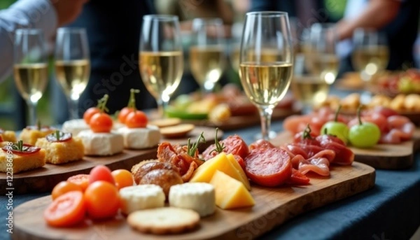 Fototapeta Elegant buffet setup at reception. Various canapes displayed on wooden boards. Guests enjoy selection of cheese, cured meats, fruit. Wine glasses, champagne flutes available. People socialize in
