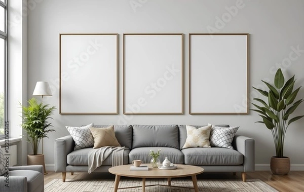 Fototapeta 3 Mockup Poster frame in livingroom family, Realistic Modern Simple Gallery canvas