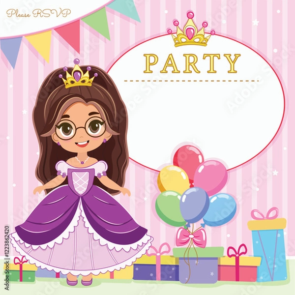 Fototapeta Invitation for Happy Birthday party with cute princess and gifts and colored balloons. Template, Poster, Banner, Flyer, Greeting Card. Vector illustration in flat cartoon style.