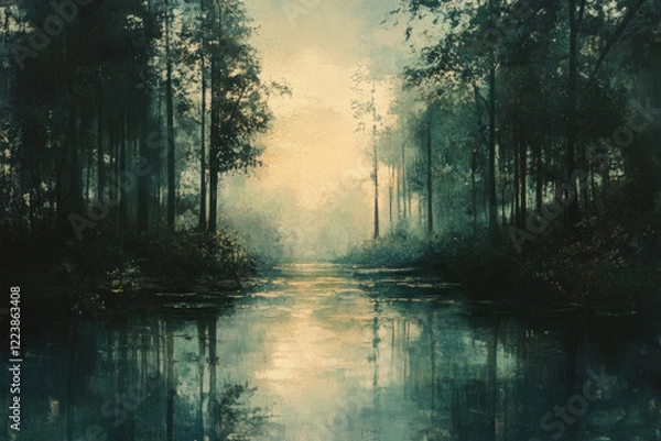 Fototapeta Vibrant forest painting: river winding through lush greenery under a clear blue sky, sunlight filtering through dense trees, creating a peaceful landscape.