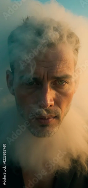 Obraz portrait of a person | Social Media Vertical |  Fog | Commercial | Cloud | Sky Background | Background for a Inspirational project | person in Smoke