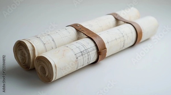 Fototapeta Vintage Architectural Blueprints Tied with Leather Straps
