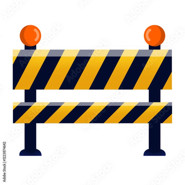 Fototapeta Illustration of traffic road barrier or construction barrier with warning lights in yellow stripes color isolated on white background. Road block vector illustration. Under construction sign.