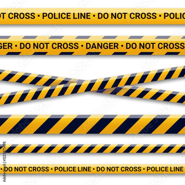 Obraz Set of caution tapes with yellow and black color isolated white background. Warning tape collection. Crossed police warning vector illustration. Lines in construction site, dangerous zone, crime scene