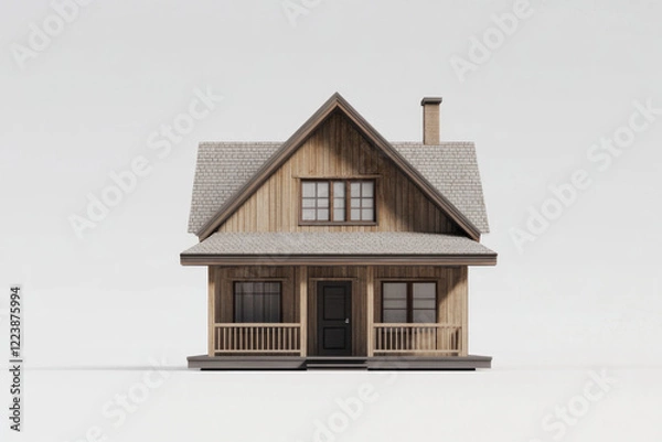 Fototapeta Small wooden house with porch and rocking chairs, surrounded by tall pine trees in a serene forest setting.