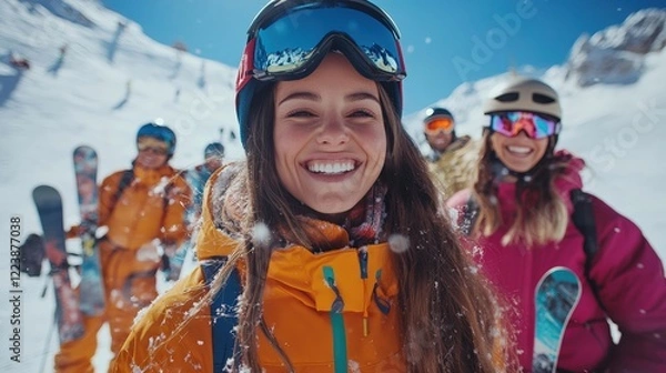 Fototapeta Friends enjoying a thrilling day of skiing in the mountains outdoor adventure joyful moments snowy landscape close-up view