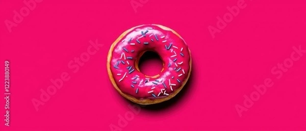 Fototapeta Delicious pink frosted donut on bright pink background food photography sweet treats dessert top view colorful delight