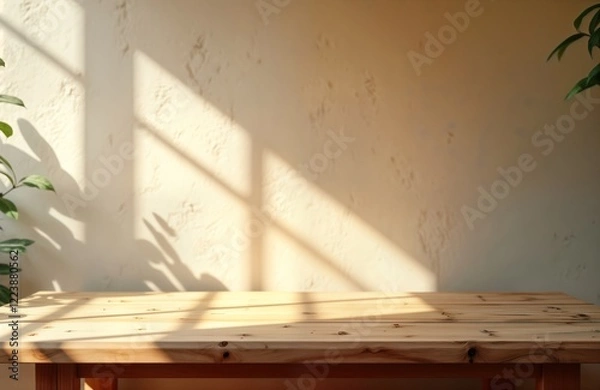 Fototapeta Empty wooden table near stucco wall. Sunlight casts shadows through window. Great for product displays. Suitable for interior design inspiration. Warm, bright ambiance. Ideal for advertising products.