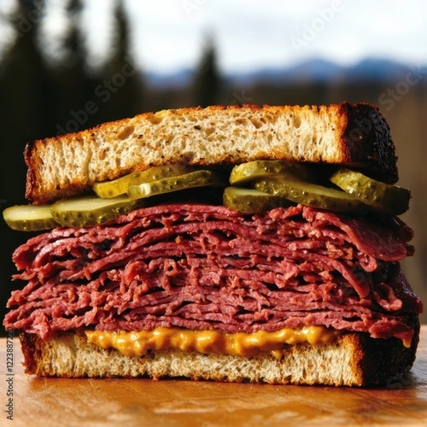 Fototapeta Savoring a delicious pastrami sandwich with pickles outdoor picnic food photography nature setting close-up view culinary delight