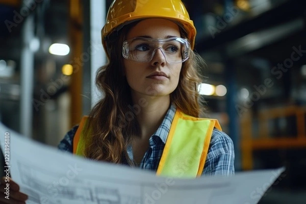 Fototapeta A woman wearing a hard hat and safety goggles examines architectural plans on a construction site. Her serious expression reflects focus and determination amid the bustling environment