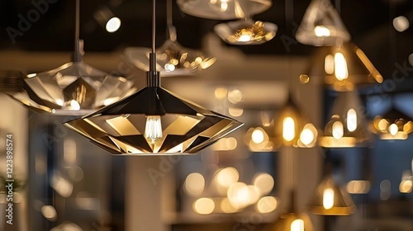Fototapeta Modern geometric pendant lights illuminate a showroom, showcasing various styles and designs.