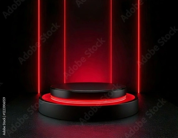 Fototapeta 3D render, Blank black podium in dark studio with red LED light ,
