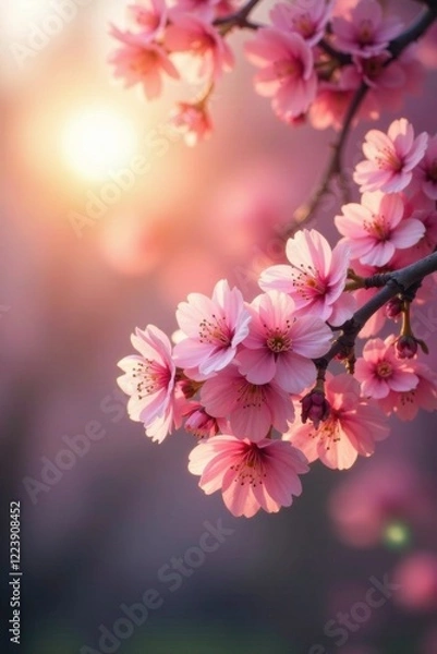 Fototapeta Soft pink light filters through cherry tree branches, cherry tree branches, morning sun