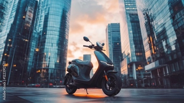 Fototapeta A sleek electric scooter parked in a modern urban setting, with skyscrapers and glass buildings in the background