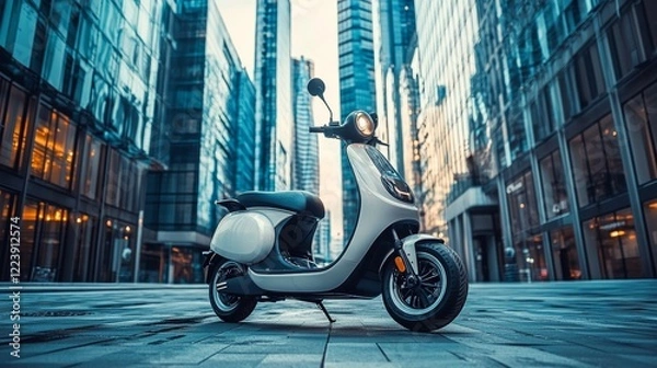 Fototapeta A sleek electric scooter parked in a modern urban setting, with skyscrapers and glass buildings in the background