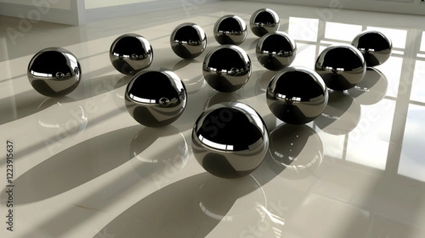 Fototapeta A group of reflective black spheres arranged on a shiny floor.
