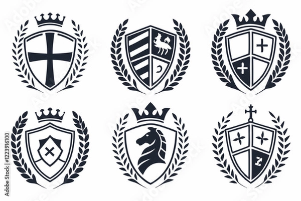 Fototapeta Modern Heraldic Shields, Corporate Shield Design, Clean Shield Logos, Professional Branding Shields, Abstract Crown Design, Symmetrical Shield Patterns, Bold Corporate Logos, Sleek Laurel Wreath Shiel