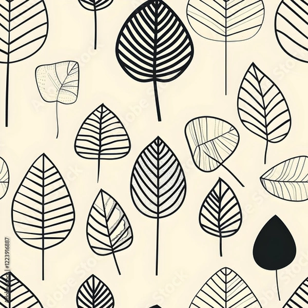 Fototapeta A pattern featuring various black and white leaf illustrations on a light background.