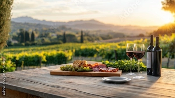 Fototapeta Romantic Outdoor Dining with Wine, Cheese, and Charcuterie in Vineyard at Sunset