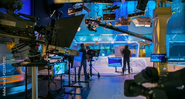 Obraz abstract blurred background with tv studio with lights and camera silhouettes