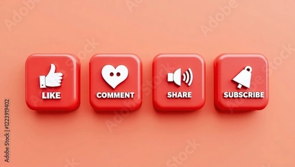 Obraz Red buttons display like comment share subscribe icons