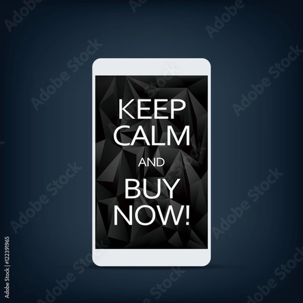 Fototapeta Sale banner on smartphone screen with motivational poster text keep calm and buy now. Black low poly background.