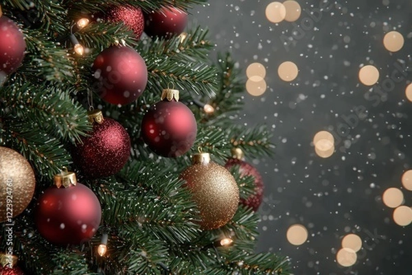 Fototapeta Close Up of Christmas Tree with Red and Gold Ornaments and Falling Snow