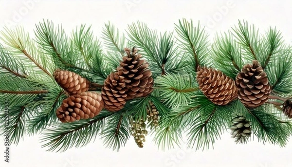 Fototapeta Horizontal border with pine branches and cones, needles on white
