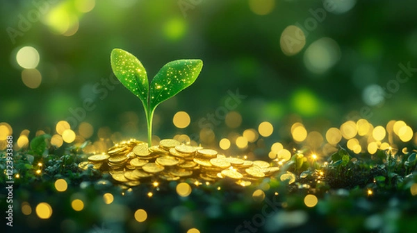 Fototapeta A vibrant green plant emerging from a pile of golden coins symbolizing growth, wealth, and potential amidst a blurred, calming green backdrop with minimalistic modern tones and space for captioning

