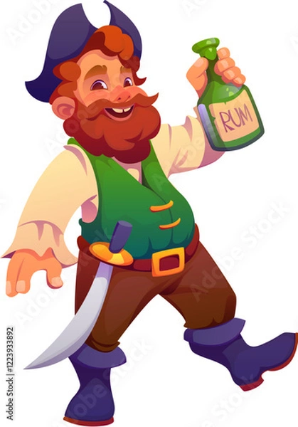 Fototapeta Cartoon pirate captain or corsair sailor drunk with rum bottle, vector character. Old pirate sailor with red beard in tricorne hat with sword drinking rum, Caribbean corsair or boatswain character