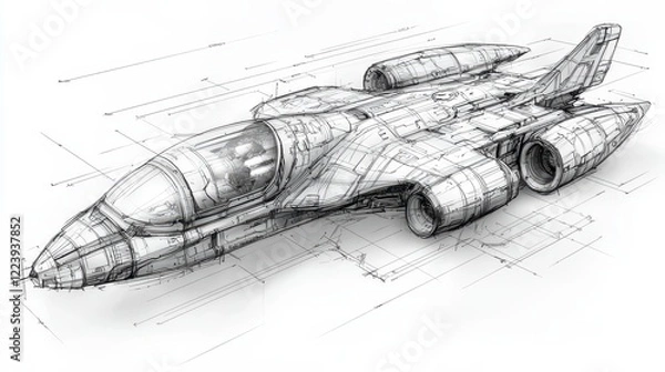 Fototapeta Futuristic aircraft design blueprint, engineering sketch