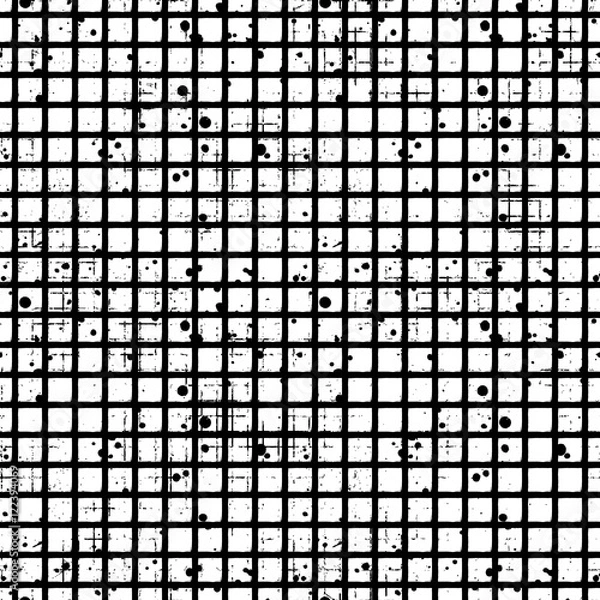 Fototapeta Seamless vector checkered pattern. Creative geometric black and white background with squares. Grunge texture with attrition, cracks and ambrosia. Old style vintage design. Graphic illustration.