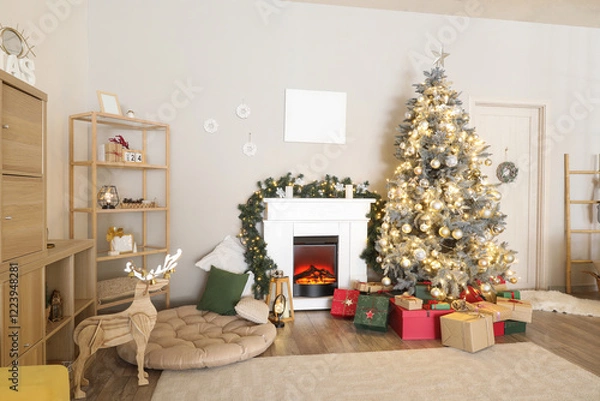 Fototapeta Interior of living room with fireplace, Christmas tree and gifts