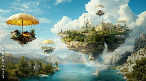 Fototapeta A whimsical landscape with floating islands, lush greenery, and airships made of books, evoking a sense of adventure and creativity.